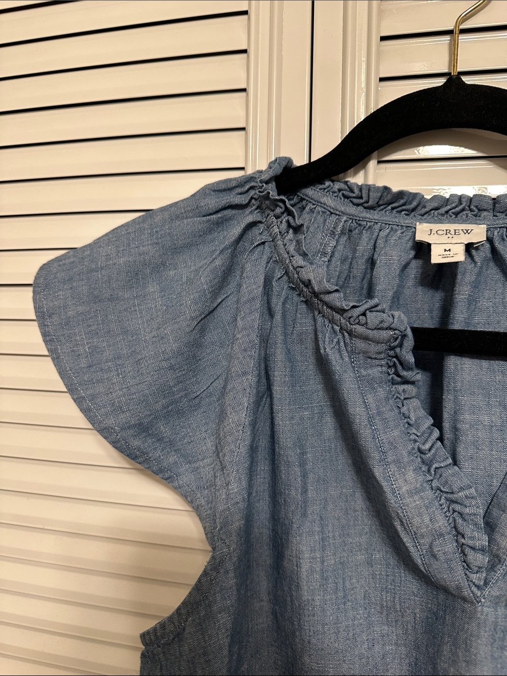 J. Crew Factory Chambray Ruffle Neck Flutter Sleeve Top - Light Blue - Picture 3 of 9
